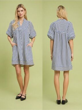 Umgee Striped Puff Sleeve Shift Dress Blue Cotton Blend Pockets S M L🛍️